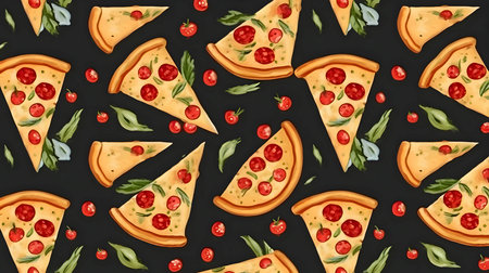 A repetitive pattern of pizza slices, arranged on a contrasting dark background, creating a visually appetizing design.のイラスト素材