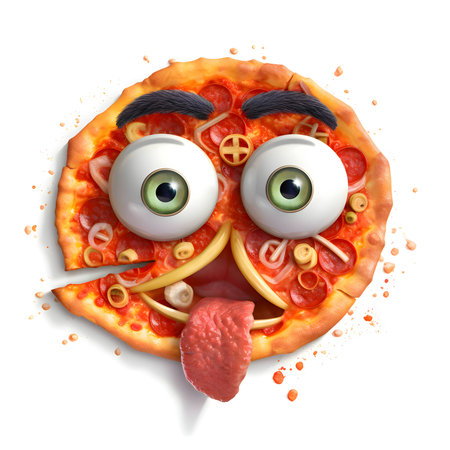 An amusing pizza character with eyes and a tongue, depicted on a white background.のイラスト素材
