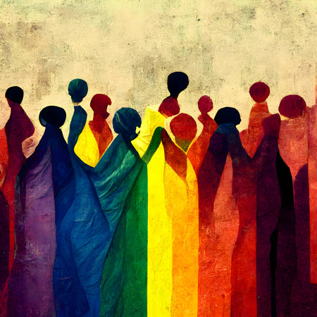 Colorful silhouettes of diverse LGBT individuals stand proudly on a bright and vibrant background,...