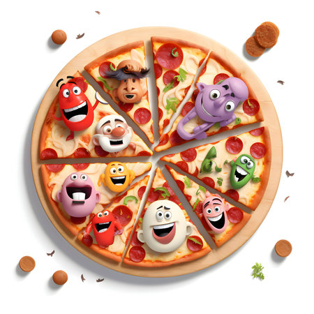 A cheerful pizza character with eyes and a big smile, depicted on a white background.のイラスト素材