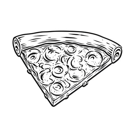 A black and white slice of pizza, perfectly triangular and isolated on a plain white background.のイラスト素材
