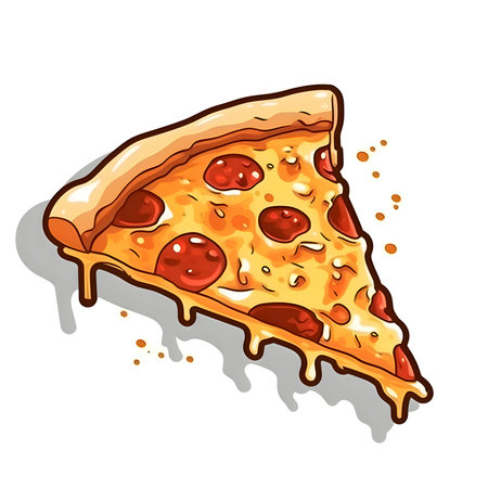 A single slice of pizza, perfectly triangular in shape, placed on a clean white background.のイラスト素材