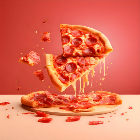 A delicious slice of pizza, topped with mouthwatering ingredients, placed on a vibrant orange background.のイラスト素材