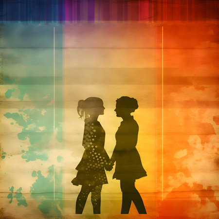 Black silhouettes of two people in love stand out against a vibrant background of rainbow LGBT colors, symbolizing love and inclusivity.の写真素材