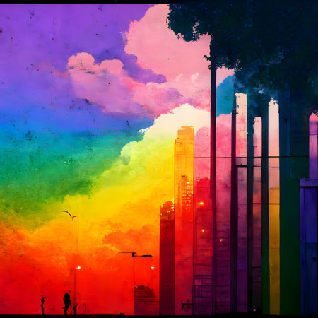 Rainbow-colored LGBT buildings against a blue sky.の写真素材