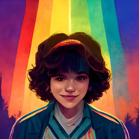 Silhouette of a woman gracefully standing against a vibrant rainbow LGBT background, representing diversity and empowerment.の写真素材