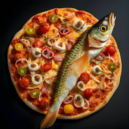 Illustration of a mouthwatering pizza topped with a generous portion of fresh fish, creating a delightful fusion of flavors.の写真素材