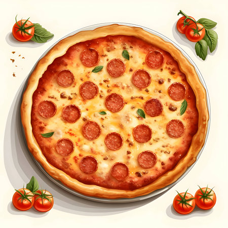 A delicious pizza is showcased in all its mouthwatering glory on a clean, white background. The crust is perfectly golden, with a slight crunch, and topped generously with sauce.の写真素材