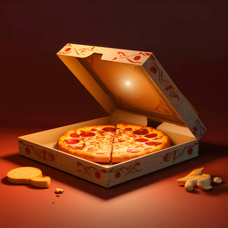 Illustration of a delicious pizza enclosed in a cardboard box, set against a dark background, enticing and ready for delivery.の写真素材