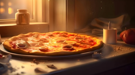 Illustration of a pizza on a table with various condiments.の写真素材
