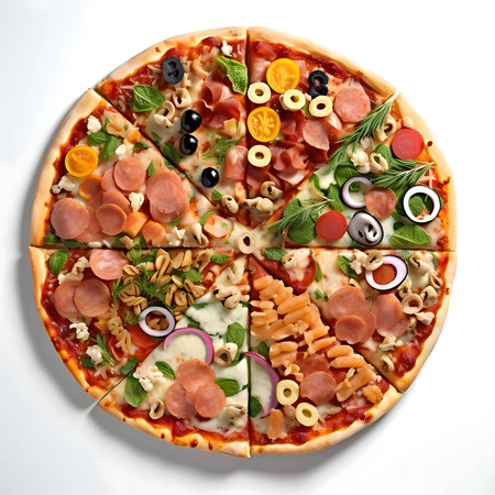 A mouthwatering pizza, perfectly cooked and presented on a clean, white background.の写真素材