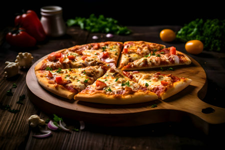 A delicious pizza is presented on a wooden board and table, viewed from the side, with a black background. The ingredients are thoughtfully arranged around it.の写真素材