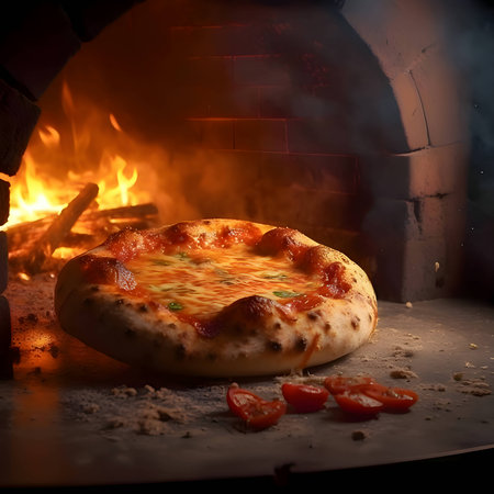 A delicious pizza is placed on the oven, with the fiery glow from the oven in the background.の写真素材