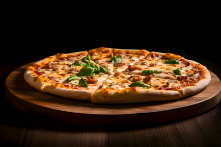 A delicious pizza is presented on a wooden board and table, viewed from the side, with a black background. The ingredients are thoughtfully arranged around it.の写真素材