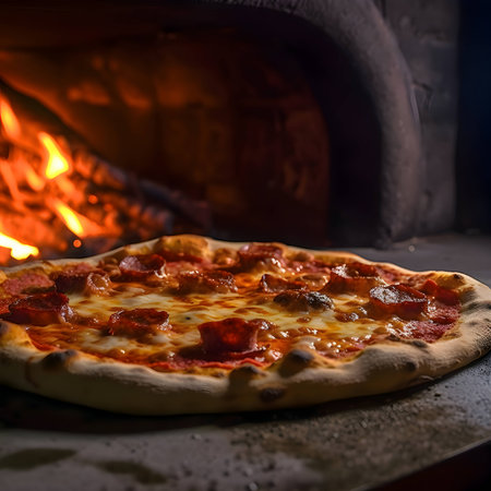 A delicious pizza is placed on the oven, with the fiery glow from the oven in the background.の写真素材
