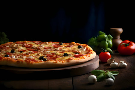A delicious pizza is presented on a wooden board and table, viewed from the side, with a black background. The ingredients are thoughtfully arranged around it.の写真素材