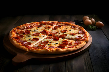 A delicious pizza is presented on a wooden board and table, viewed from the side, with a black background. The ingredients are thoughtfully arranged around it.の写真素材