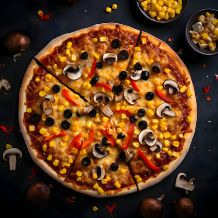A mouthwatering pizza is placed on a wooden board and table, viewed from the top. The ingredients are artfully arranged around it.の写真素材