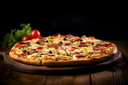 A delicious pizza is presented on a wooden board and table, viewed from the side, with a black background. The ingredients are thoughtfully arranged around it.の写真素材