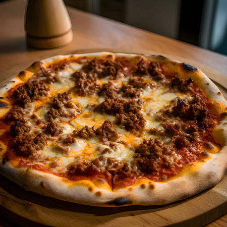 A delicious pizza is presented on a wooden board and table, viewed from the side, with a black background. The ingredients are thoughtfully arranged around it.の写真素材