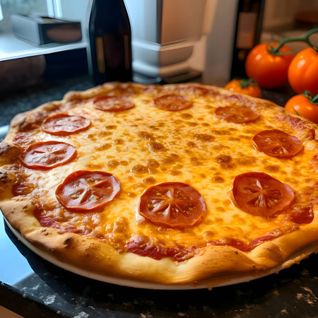 A delicious pizza is presented on a wooden board and table, viewed from the side, with a black background. The ingredients are thoughtfully arranged around it.A delicious pizza is presented on a wooden board and table, viewed from the side, with a black background. The ingredients are thoughtfully arranged around it.の写真素材