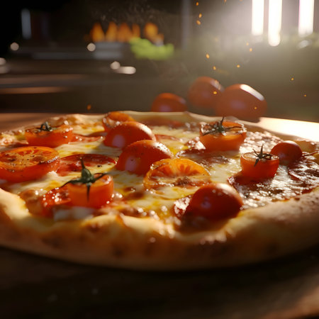 A mouthwatering pizza set against the inviting backdrop of a bustling kitchen.の写真素材