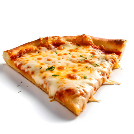 A slice of cheese pizza isolated on a white background.の写真素材