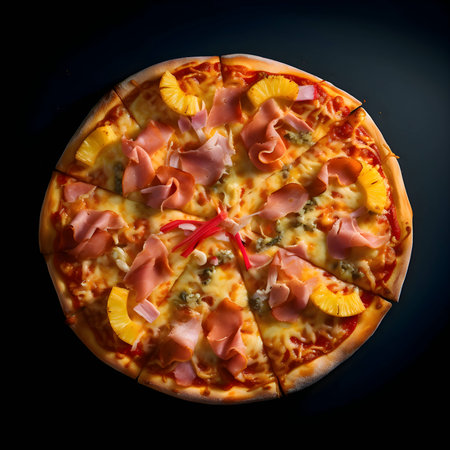 A mouthwatering pizza is placed on a wooden board and table, viewed from the top. The ingredients are artfully arranged around it.の写真素材