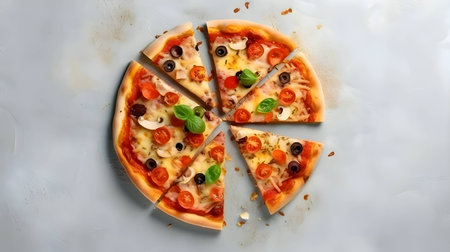 A mouthwatering pizza is placed on a wooden board and table, viewed from the top. The ingredients are artfully arranged around it.の写真素材