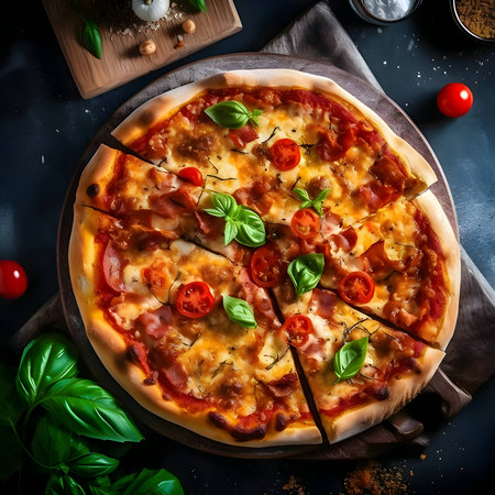 A mouthwatering pizza is placed on a wooden board and table, viewed from the top. The ingredients are artfully arranged around it.の写真素材