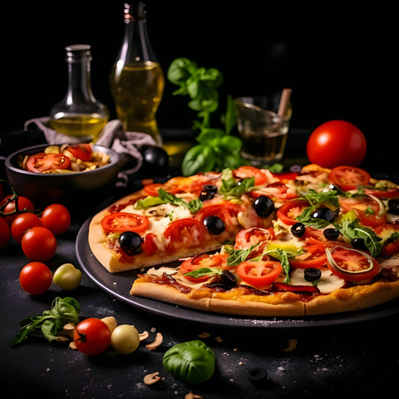A delicious pizza is presented on a wooden board and table, viewed from the side, with a black background. The ingredients are thoughtfully arranged around it.の写真素材