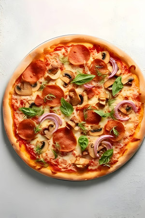 A mouthwatering pizza is placed on a wooden board and table, viewed from the top. The ingredients are artfully arranged around it.の写真素材