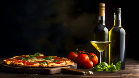 A delectable pizza sits atop a wooden table, accompanied by a glass of wine and a bottle of oil, all set against a dark background.の写真素材