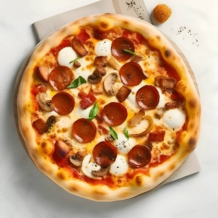 A mouthwatering pizza is placed on a wooden board and table, viewed from the top. The ingredients are artfully arranged around it.の写真素材