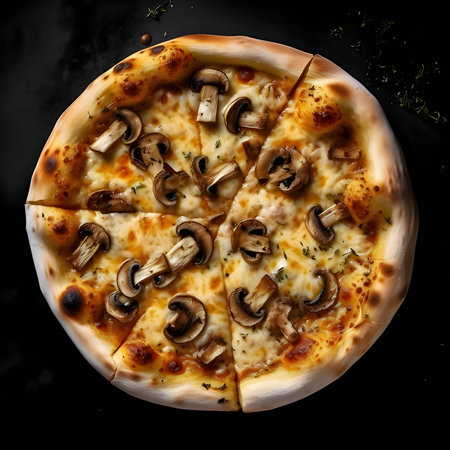 A mouthwatering pizza is placed on a wooden board and table, viewed from the top. The ingredients are artfully arranged around it.の写真素材