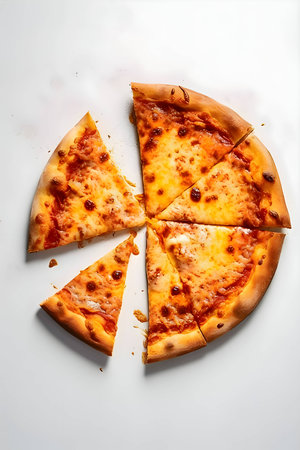 A mouthwatering pizza is placed on a wooden board and table, viewed from the top. The ingredients...