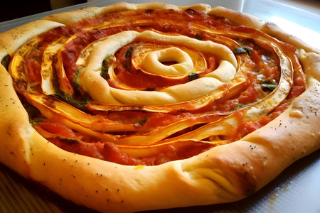 A multi-layered pizza with stacked dough, isolated on a white background.の写真素材
