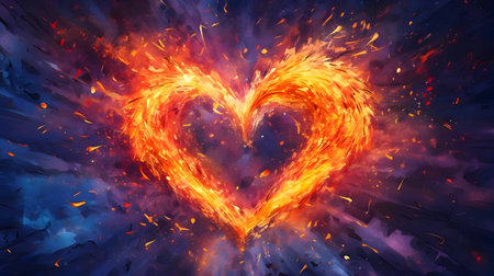 Illustration: A large fiery flaming heart stands out against a dark blue background.のイラスト素材