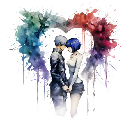 A cute cartoon couple, embraced in love, surrounded by a large heart.のイラスト素材