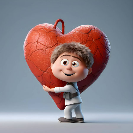 The cartoon boy holds a big red heart in his hands, expressing love and affection.のイラスト素材