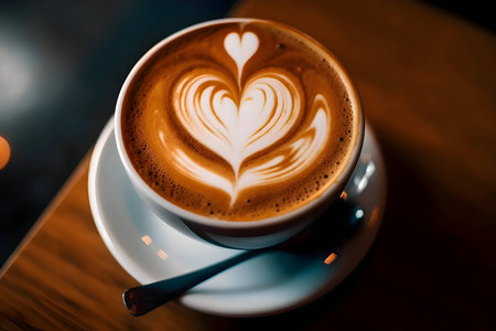 Illustration: Heart patterns beautifully adorned on a steaming cup of coffee.のイラスト素材