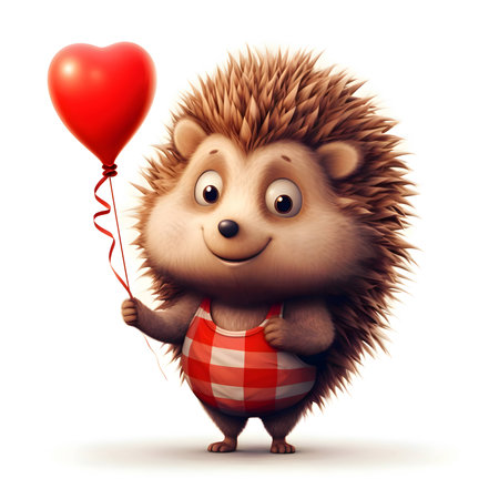 An adorable animated hedgehog holds a heart-shaped balloon, floating gracefully against a pure white background.のイラスト素材