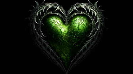 A vibrant green 3D heart shining against a deep black background, radiating love and energy.のイラスト素材