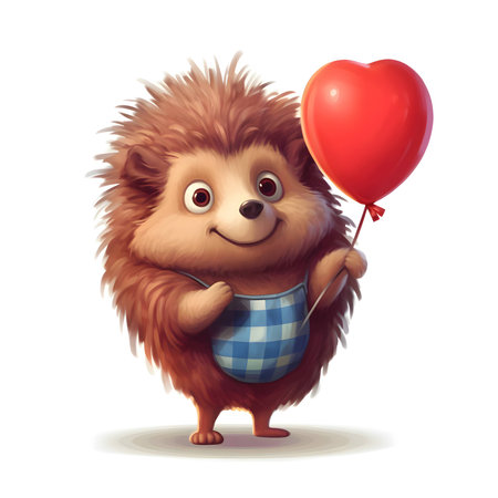 An adorable animated hedgehog holds a heart-shaped balloon, floating gracefully against a pure white background.のイラスト素材