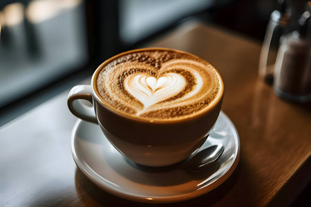 Illustration: Heart patterns beautifully adorned on a steaming cup of coffee.のイラスト素材