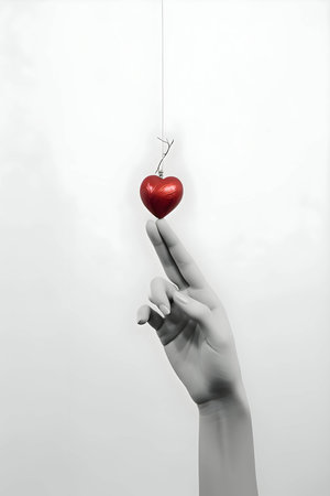 Illustration of fingers delicately pointing towards a red heart-shaped bauble, symbolizing love and affection.のイラスト素材