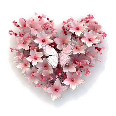 A heart-shaped arrangement of pink flowers and butterflies, symbolizing love and beauty, on a pristine white background.のイラスト素材