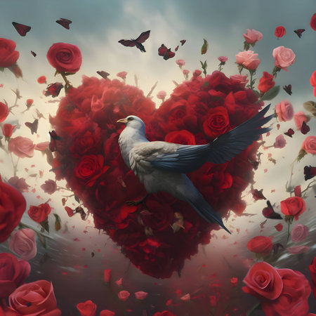 A 3D heart adorned with vibrant red roses, accompanied by graceful doves, symbolizing love and peace.のイラスト素材