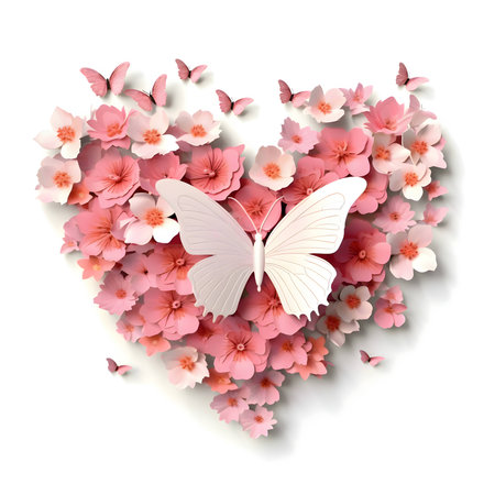 A heart-shaped arrangement of pink flowers and butterflies, symbolizing love and beauty, on a pristine white background.のイラスト素材
