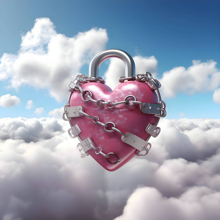 A red 3D heart intricately entwined with a metallic chain, floating against a serene backdrop of fluffy clouds.のイラスト素材